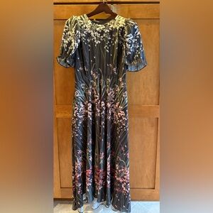 Ted Baker Navy Floral Midi Dress with Puff Sleeves & Pockets | US 4